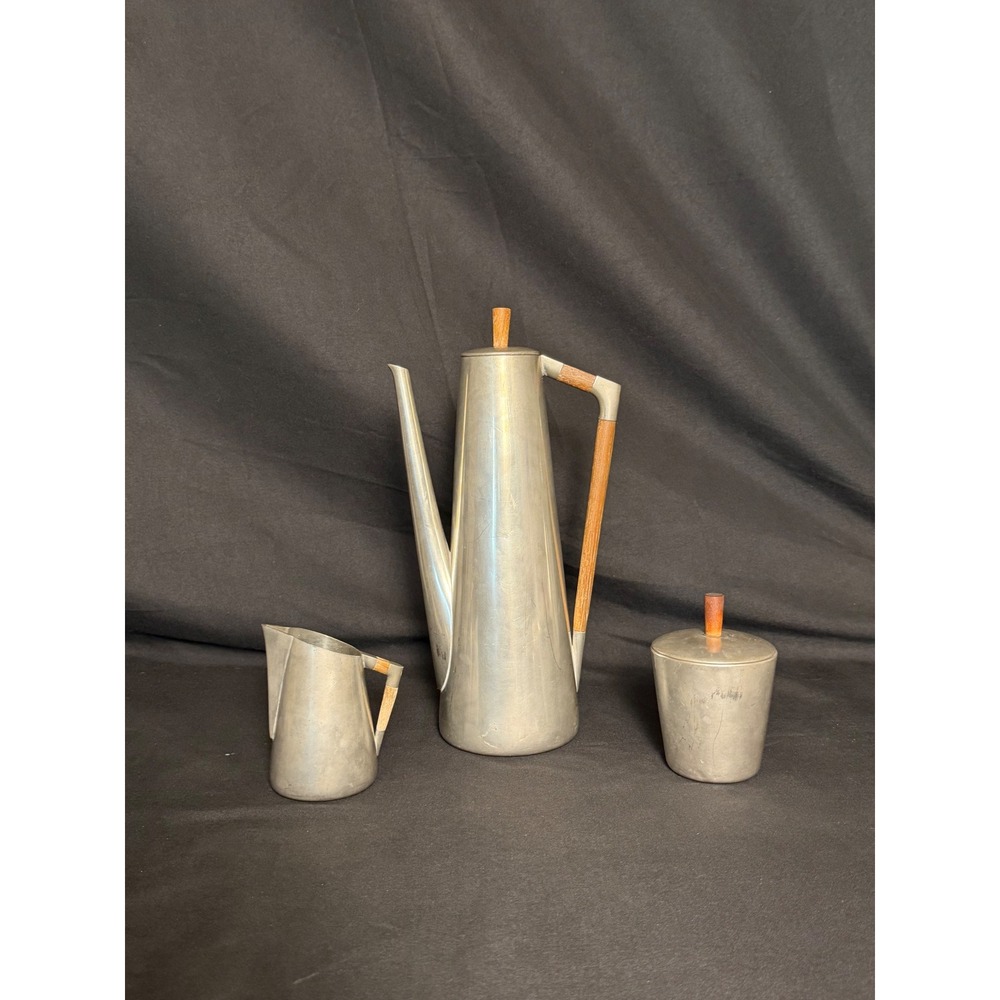 Royal Holland Pewter Coffee Set KMD Tiel Silver Good MCM Teak Wood 3pc